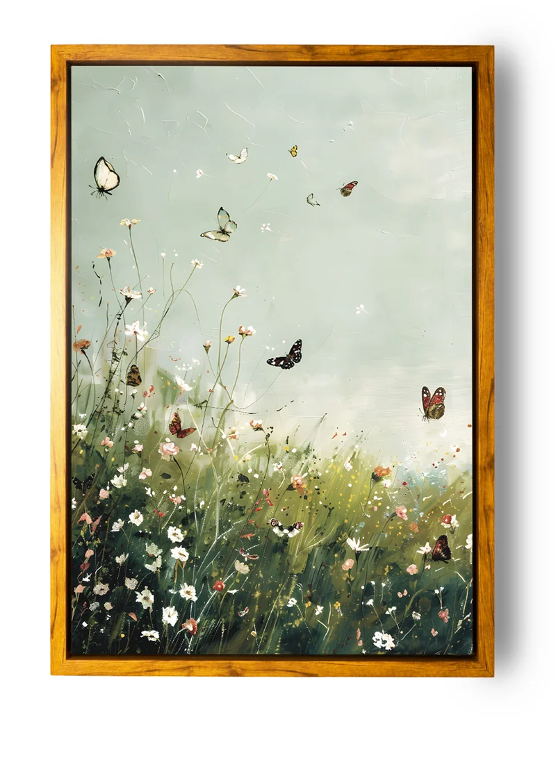 LOWHA Canvas Wall Art Stretched Over Wooden Frame with Wooden Color Floating Frame and Vintage Style Butterflies Among the Flowers Painting