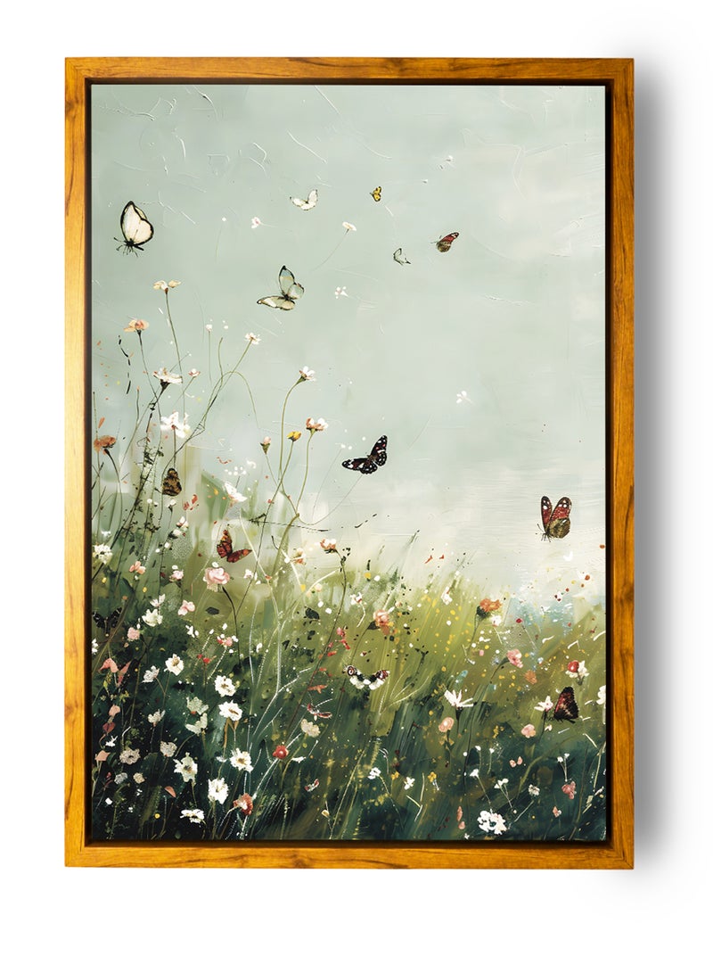 لوحة كانفاس على إطار خشبي بإطار خارجي باللون الخشبي وتصميم كلاسيكي لفراشات تحلق وسط الزهور - Image 5
