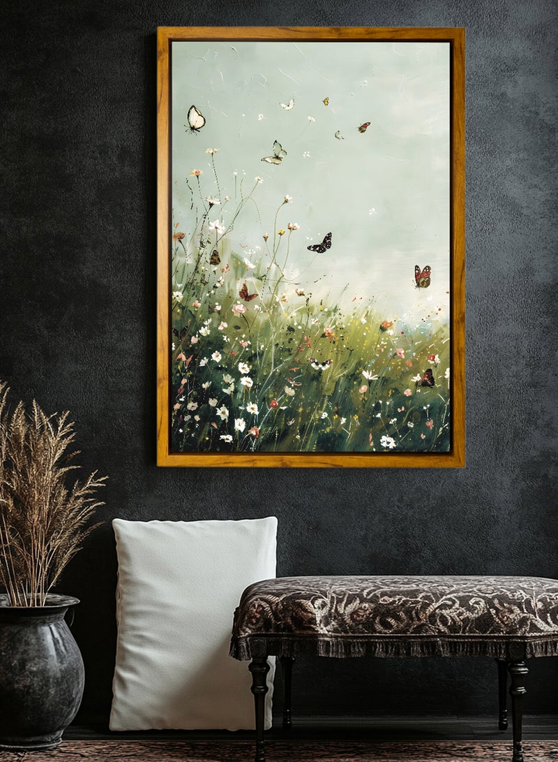 لوحة كانفاس على إطار خشبي بإطار خارجي باللون الخشبي وتصميم كلاسيكي لفراشات تحلق وسط الزهور - Image 4