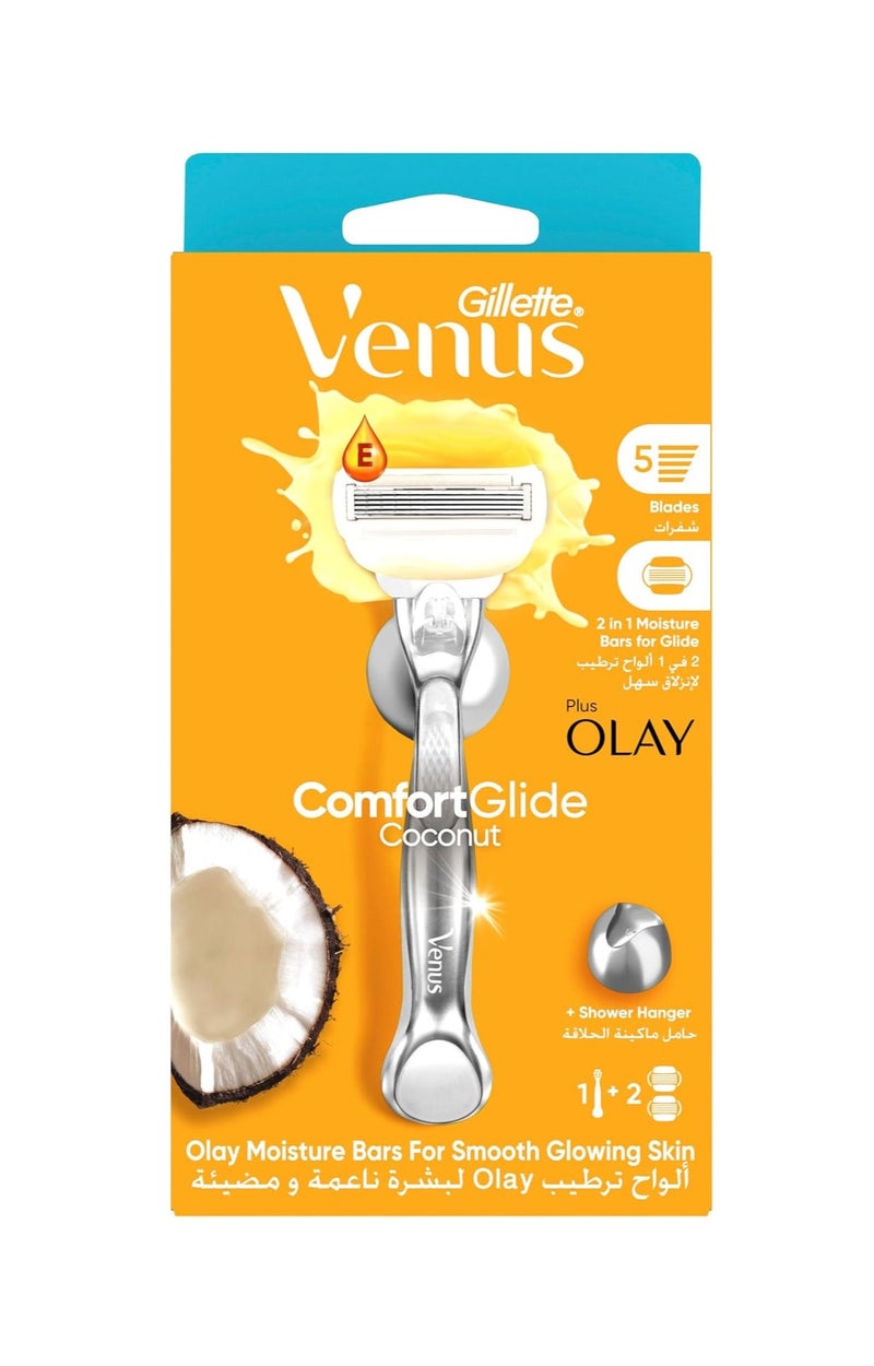 Gillette Venus ComfortGlide Coconut Scent Razor for Women, Refillable Handle with Olay Moisture Bars, 1 Razor + 2 Refills