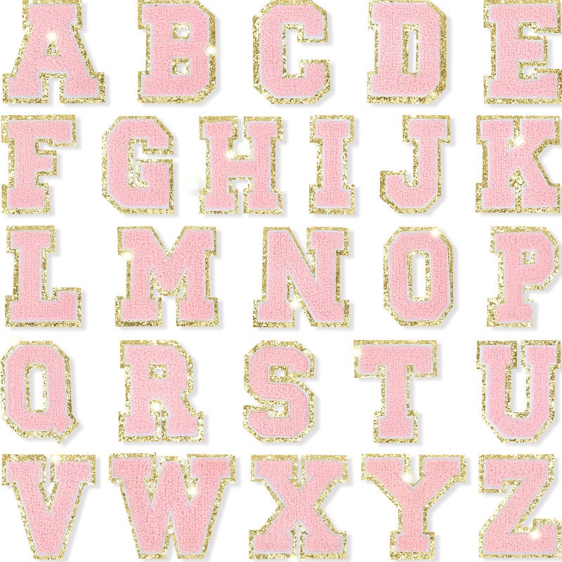 Mtlee 26 Pieces Glitters Patches Iron on Letters Chenille AZ Patches Decorative Repair Embroidered Personalized Sew on for Clothing Repairing Hats Shirts Shoes Jeans BagsGold Pink