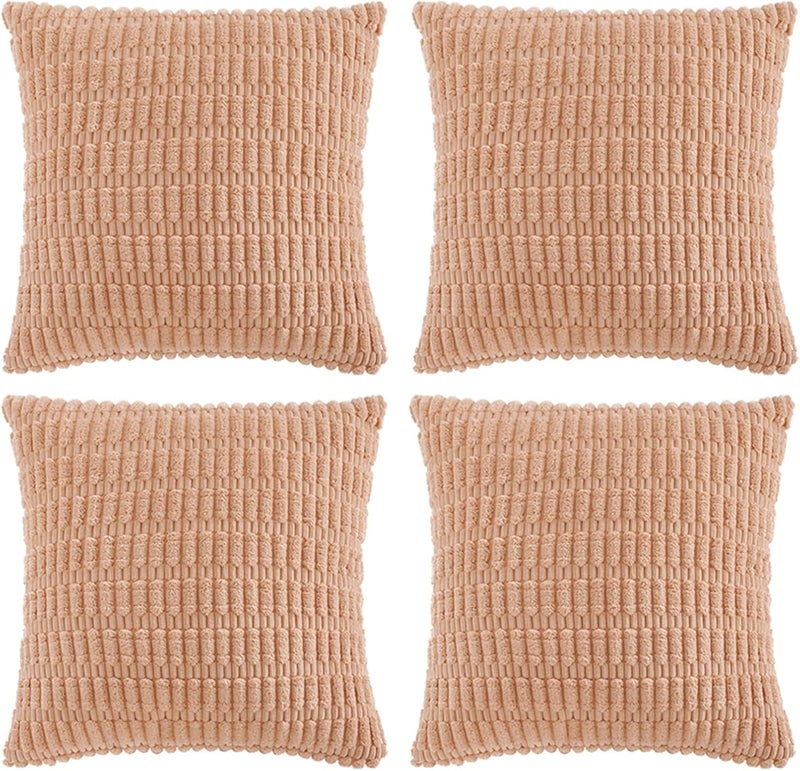 Fancy Homi 4 Packs Peach Decorative Throw Pillow Covers 22x22 Inch for Living Room Couch Bed, Rustic Modern Farmhouse Boho Home Decor, Soft Plush Corduroy Cute Square Accent Cushion Case 55x55 cm - Image 1