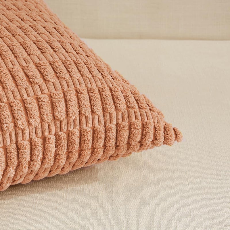Fancy Homi 4 Packs Peach Decorative Throw Pillow Covers 22x22 Inch for Living Room Couch Bed, Rustic Modern Farmhouse Boho Home Decor, Soft Plush Corduroy Cute Square Accent Cushion Case 55x55 cm - Image 4