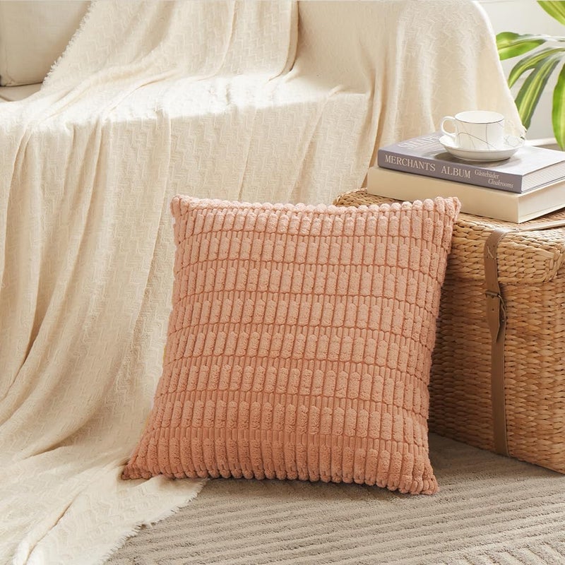 Fancy Homi 4 Packs Peach Decorative Throw Pillow Covers 22x22 Inch for Living Room Couch Bed, Rustic Modern Farmhouse Boho Home Decor, Soft Plush Corduroy Cute Square Accent Cushion Case 55x55 cm - Image 2