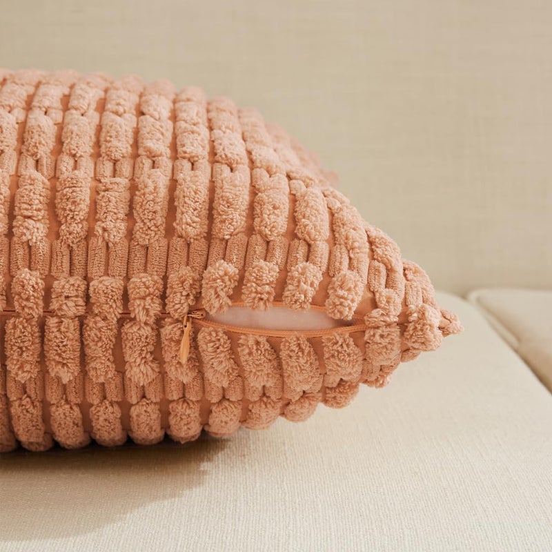 Fancy Homi 4 Packs Peach Decorative Throw Pillow Covers 22x22 Inch for Living Room Couch Bed, Rustic Modern Farmhouse Boho Home Decor, Soft Plush Corduroy Cute Square Accent Cushion Case 55x55 cm - Image 3