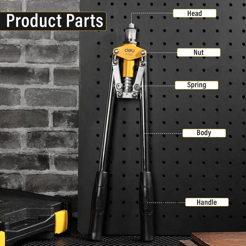 Deli DL2320 17 Non Slip Double Handle Rivet Gun with 3 Nozzle Sizes 32mm 40mm 48mm Durable 35 CrMo Steel Construct Ergonomic Design Precision Riveting for Professional DIY Use 1Pc - Image 2