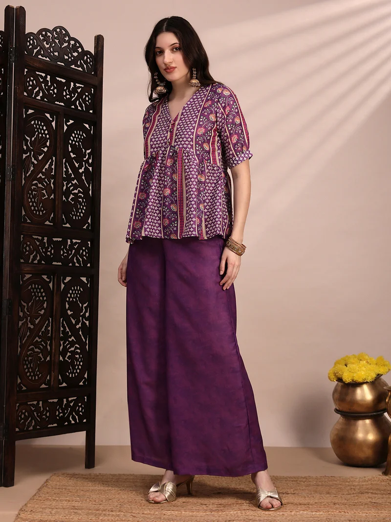 globus Globus Women Purple Ethnic Print V-Neck Gathered Detail Tunic & Mid Rise Wide Leg Trouser Fusion Co-Ord Set