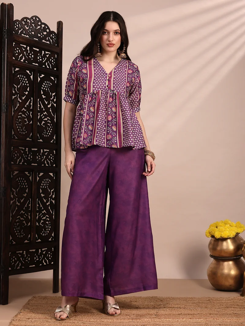 globus Globus Women Purple Ethnic Print V-Neck Gathered Detail Tunic & Mid Rise Wide Leg Trouser Fusion Co-Ord Set