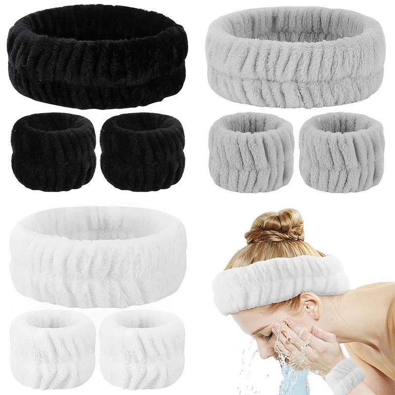 YARIEW 9Pcs Spa Headband and Wrist Washband Set 3 Pieces Makeup Facial Face Wash Headband Head Bands and 6 Pieces Wrist Bands for Washing Face Terry Cloth Headbands for Women and Girls Set 2