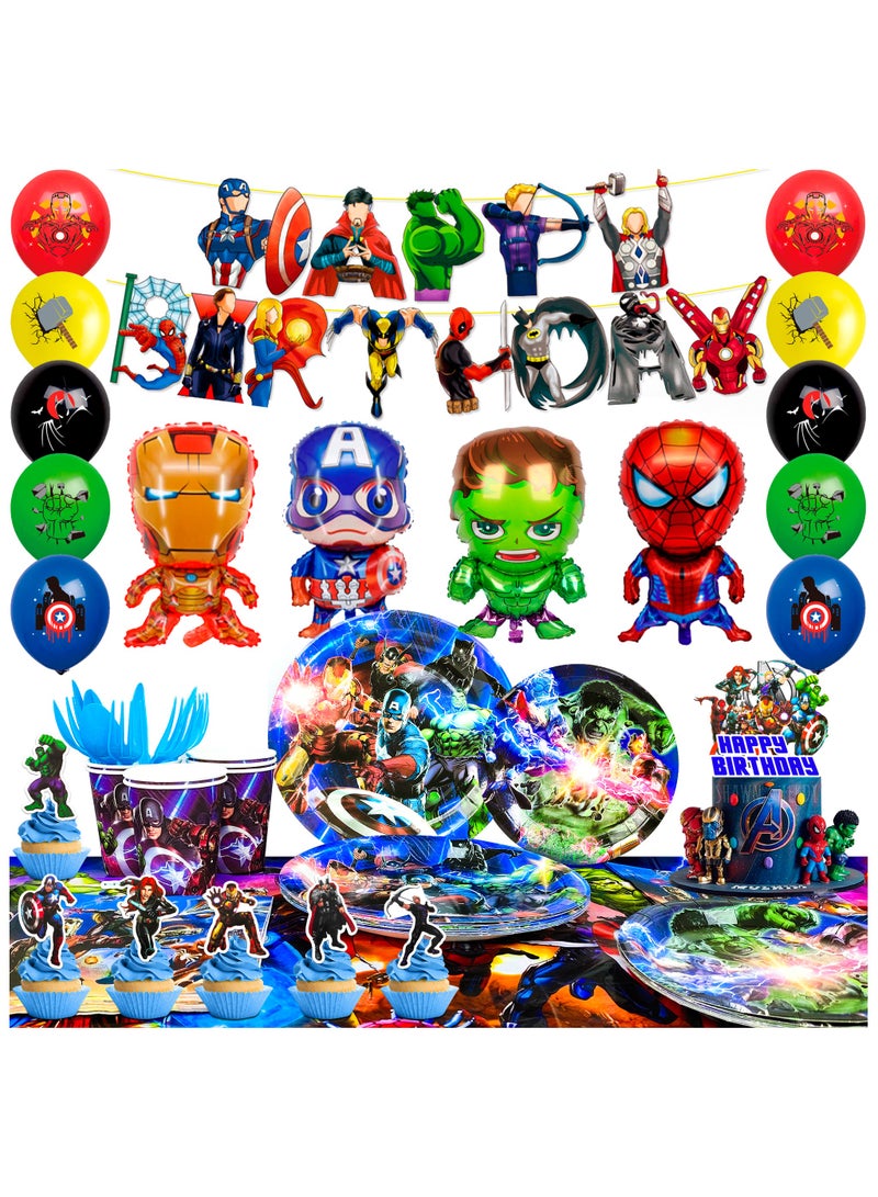 ILovhaprty Super Hero Birthday Decorations for 10 guests, 115pcs Avengers Birthday Party Tableware Set - Superheroes Birthday Party Plates Napkins Tablecloth Balloons Banner Cake Toppers etc Superhero Party Decoration Supplies - Image 1