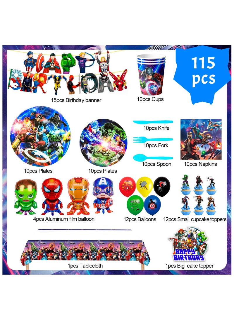 ILovhaprty Super Hero Birthday Decorations for 10 guests, 115pcs Avengers Birthday Party Tableware Set - Superheroes Birthday Party Plates Napkins Tablecloth Balloons Banner Cake Toppers etc Superhero Party Decoration Supplies - Image 2