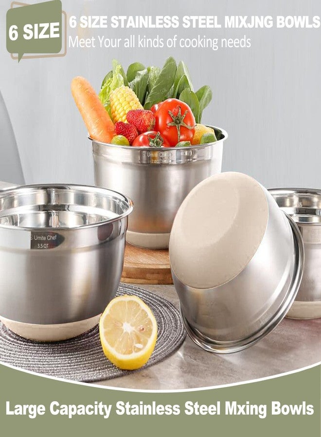 Umite Chef أوعية خلط أوميت شيف بأغطية محكمة الإغلاق، 6 قطع من أوعية التخزين المعدنية المصنوعة من الفولاذ المقاوم للصدأ، قواعد مانعة للانزلاق، المقاسات: 7، 3.5، 2.5، 2.0، 1.5، 1 كوارت، مثالية للخلط والتقديم (لون كاكي) - Image 4