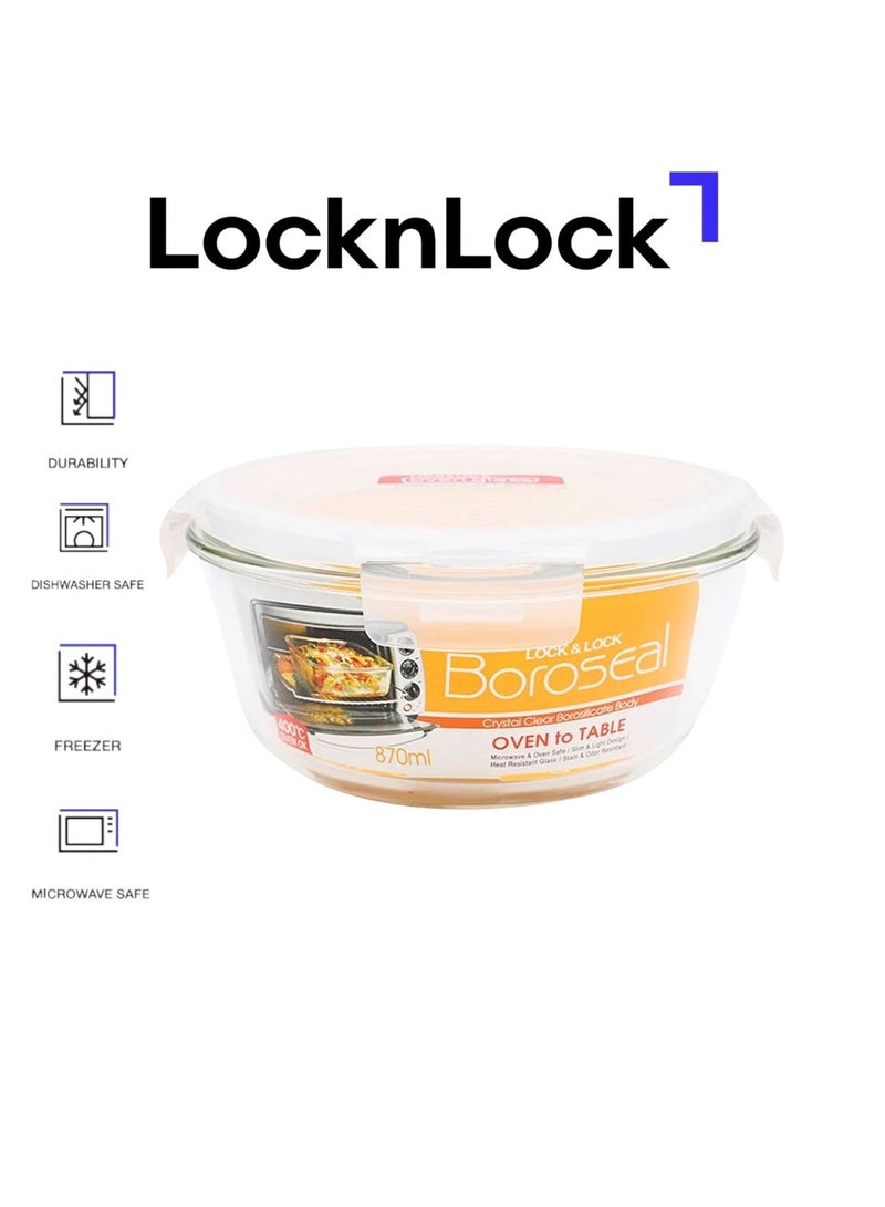 LOCK & LOCK حاوية دائرية من زجاج البورسليكات سعة 870 مل آمنة للاستخدام في الفرن مع غطاء محكم - آمنة في الميكروويف، الفريزر، وغسالة الصحون - Image 1