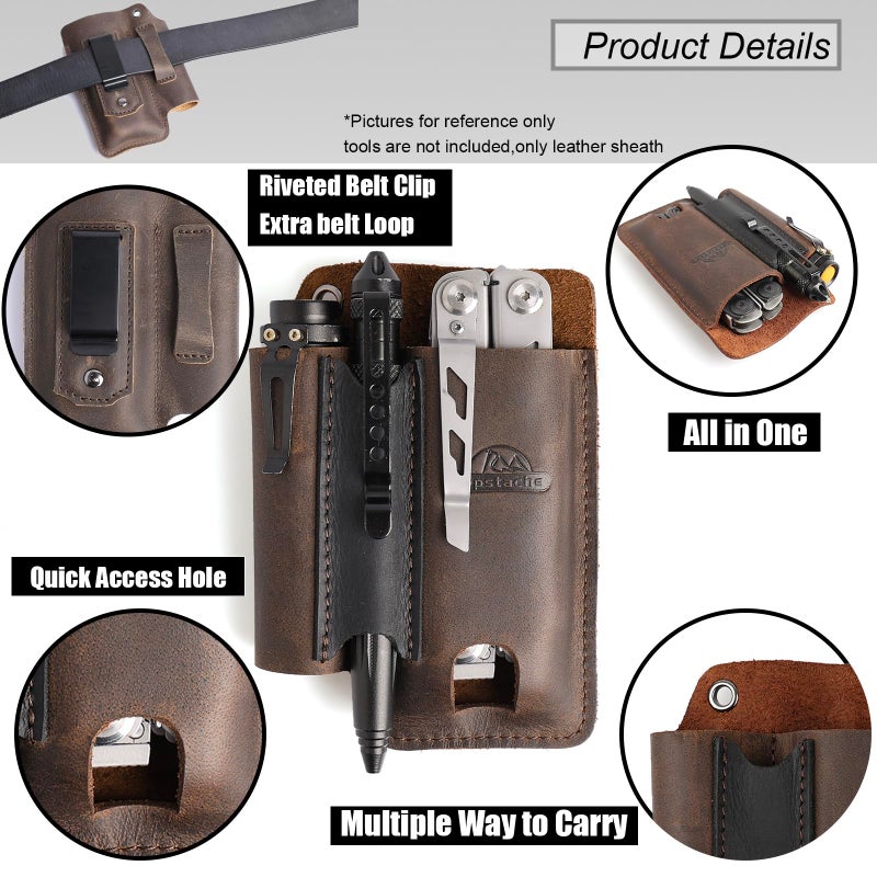 Topstache Leather Multitool Sheath with Belt Clip - Multitool Holster for Belt - EDC Belt Organizer Fits, Flashlight, Pen - Leather Pouch - Holder, Dark Brown - Image 3