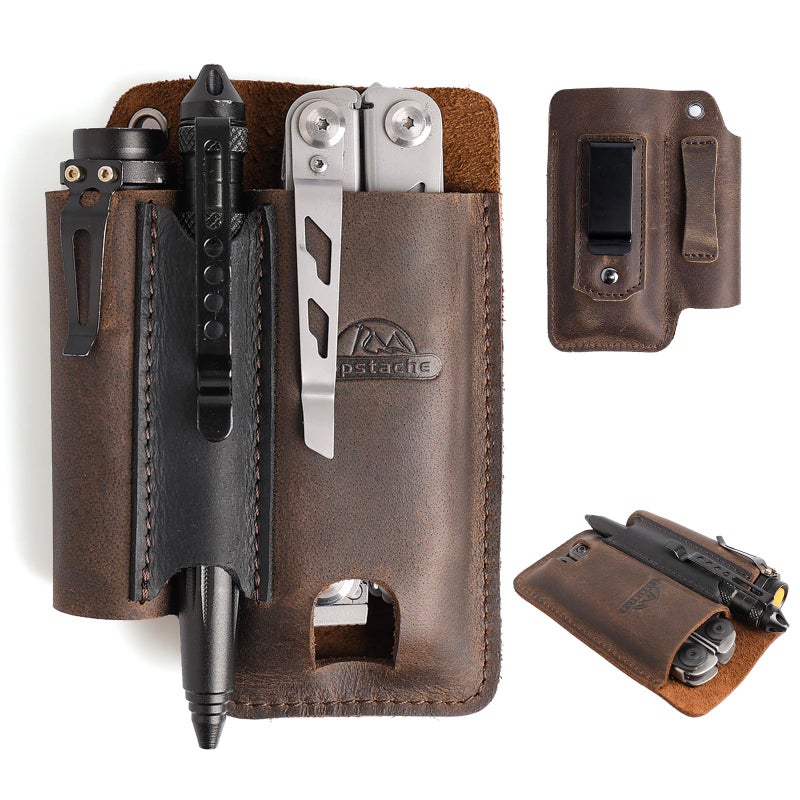 Topstache Leather Multitool Sheath with Belt Clip - Multitool Holster for Belt - EDC Belt Organizer Fits, Flashlight, Pen - Leather Pouch - Holder, Dark Brown - Image 1