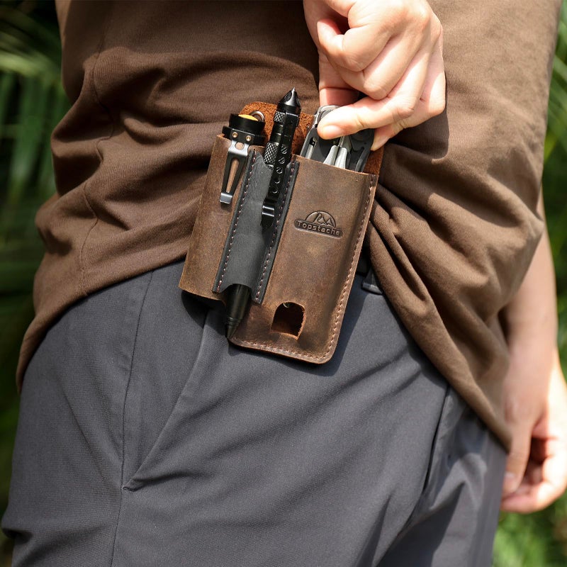 Topstache Leather Multitool Sheath with Belt Clip - Multitool Holster for Belt - EDC Belt Organizer Fits, Flashlight, Pen - Leather Pouch - Holder, Dark Brown - Image 5