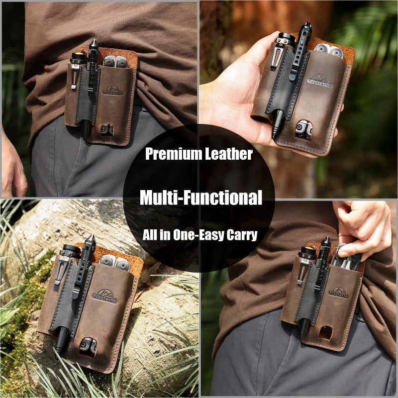 Topstache Leather Multitool Sheath with Belt Clip - Multitool Holster for Belt - EDC Belt Organizer Fits, Flashlight, Pen - Leather Pouch - Holder, Dark Brown - Image 2