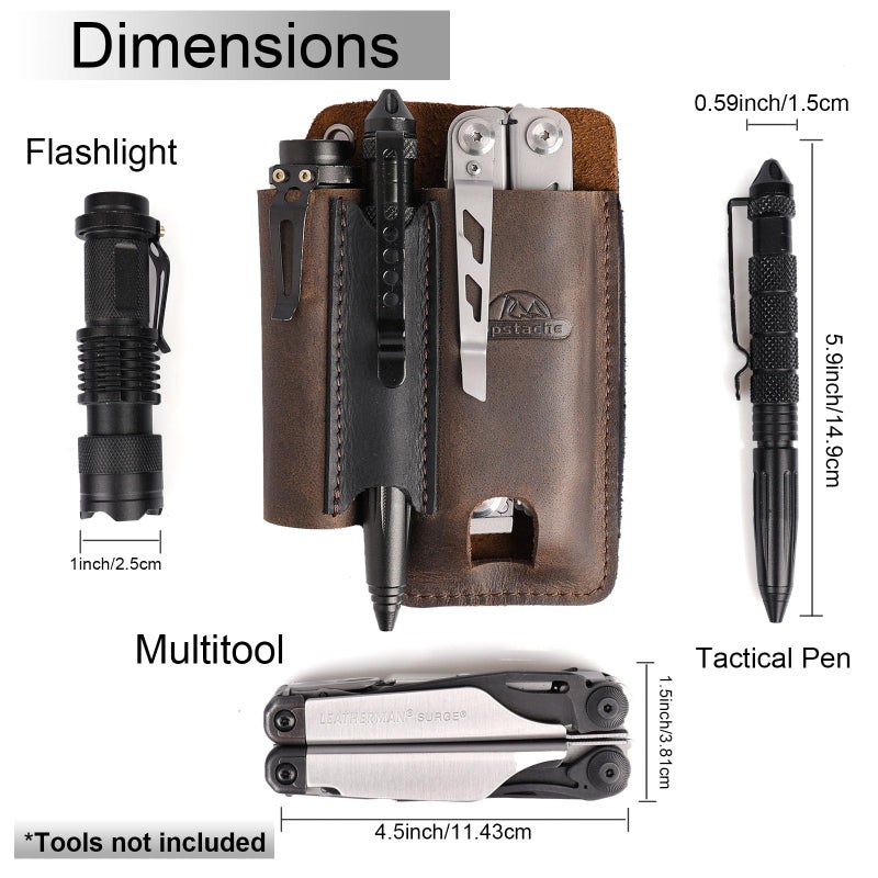 Topstache Leather Multitool Sheath with Belt Clip - Multitool Holster for Belt - EDC Belt Organizer Fits, Flashlight, Pen - Leather Pouch - Holder, Dark Brown - Image 4