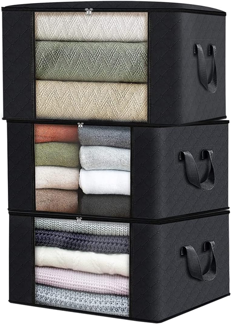 Large Storage Bags, 3 Pack Clothes Storage Bag Foldable Organizers with Reinforced Handle Thick Fabric for Comforters, Blankets, Bedding, Storage with Sturdy Zipper, Clear Window, 90 L - Image 1