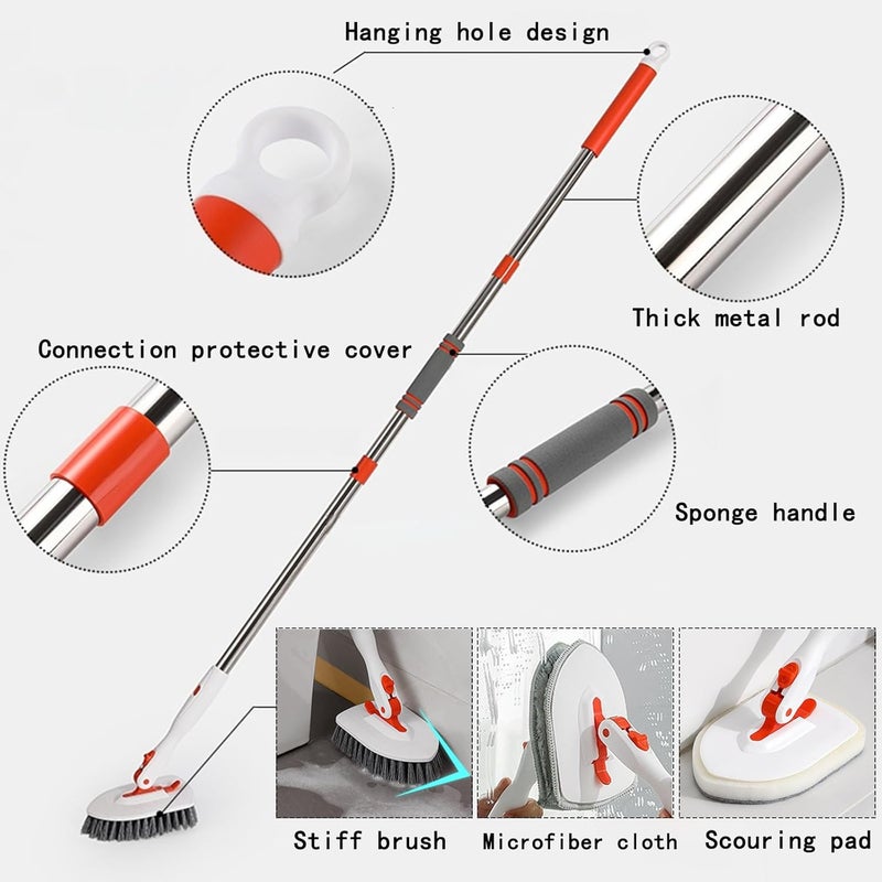 Hushnow 54Inch Adjustable Tub and Tile Shower Scrubber,Cleaning Brush with Long Handle, with 1 Stiff Bristles,1microfiber pad and 2 Sponge Brush, for Cleaning Bathroom Shower Bathtub Glass Tile Floor - Image 3