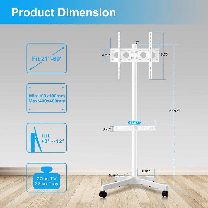 Xinlei ML55AW Mobile TV Stand for 21 to 60 Inch Plasma/LCD/LED TV, with Adjustable Height Shelf, Supports up to 35 kg, Max VESA 400 x 400 mm - Image 2