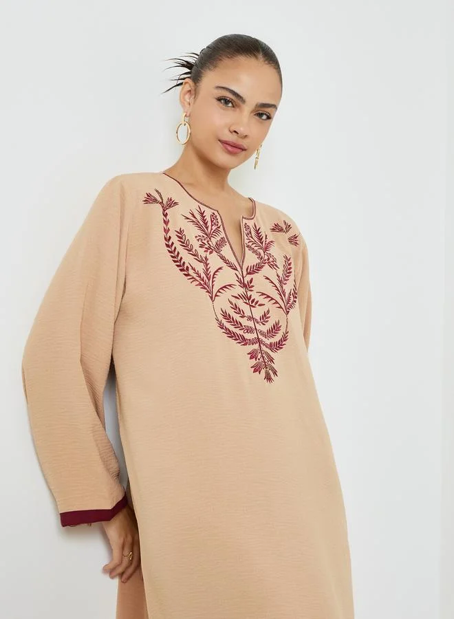 Elena By DStyle Beige Embroidered Yoke Jalabiya Dress