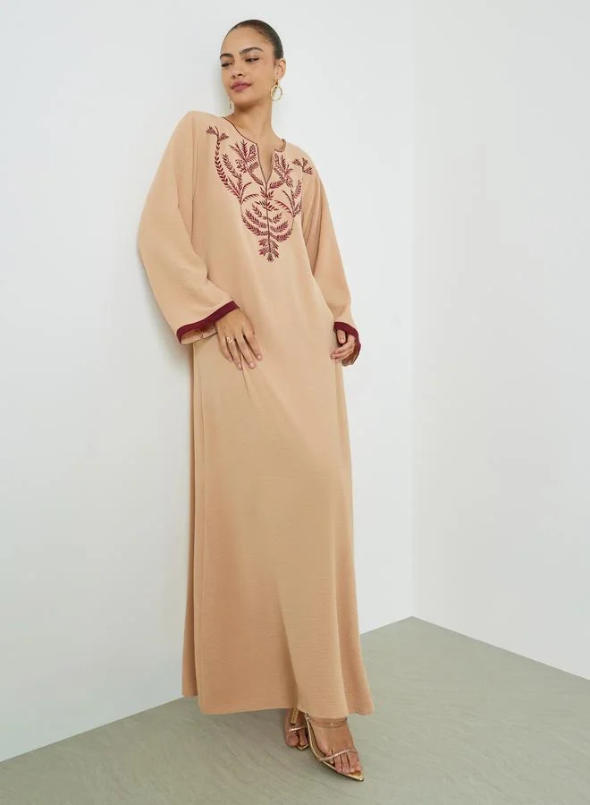 Elena By DStyle Beige Embroidered Yoke Jalabiya Dress
