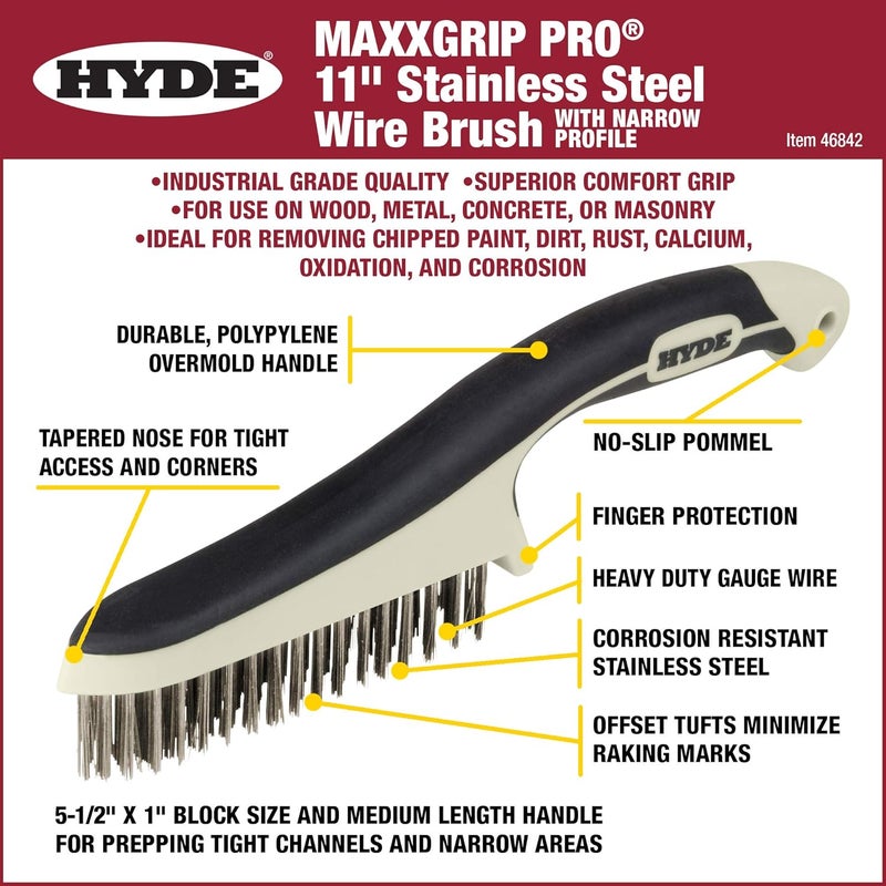 Hyde - 181348 46842 Stainless Steel Wire Brush with narrow profile, 11-inch, MAXXGRIP PRO - Image 2