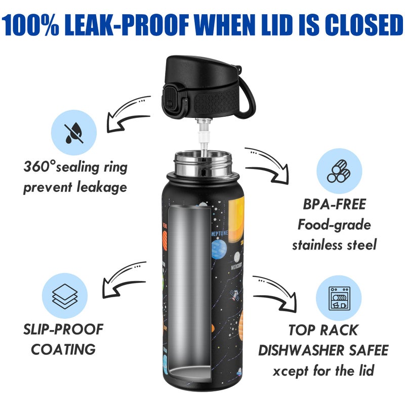 OLDLEY 20 Oz Insulated Stainless Steel Water Bottle For Kids, With Straws Leak-proof, Kids Water Bottles For School Boys Girls,Solar System - Image 3