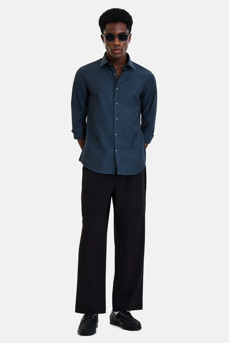 سنيتش Dark Blue Textured Long Sleeve Slim Fit Shirt