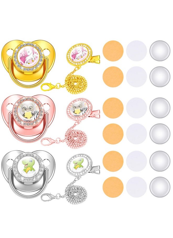 Tondiamo - Bling Pacifier And Pacifier Clip Set 3 Pieces Sublimation Name Custom Pacifier Glitter Personalized Pacifier Artificial Crystal Bling Pacifier For Girl Gold Pacifier For Baby With Blanks Sets For Boys - Image 1