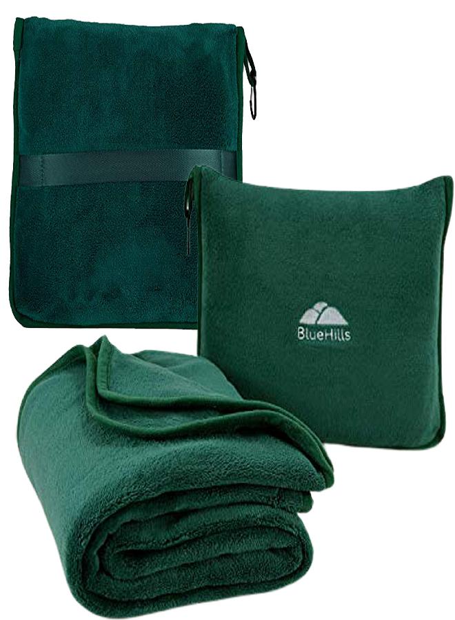 BlueHills BlueHills Premium Soft Travel Blanket Pillow Airplane Flight Blanket Throw in Soft Bag Pillow case with Hand Luggage Belt & Backpack Clip Compact Pack Large Blanket for Travel Green (Dark Green T010) - Image 1