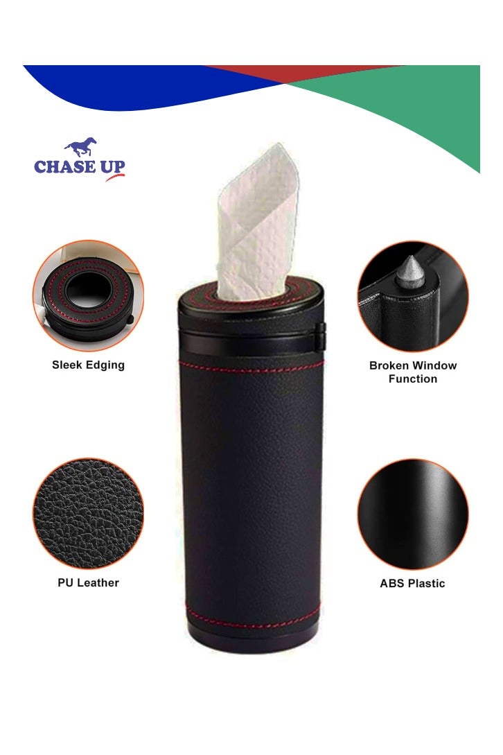 Chase Up Car Tissue Tube, Cylinder Tissue Box Diameter 2.75'' PU Leather Round Tissues Container for Car Cup Holder, Up to 30 Count Tissue (Black) - Image 1
