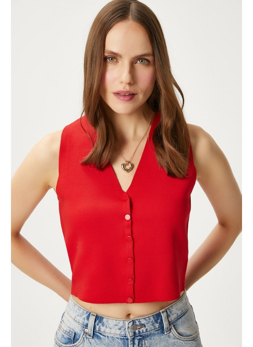 Ritnice - Women's Petite Snap Crop Red Knit Vest - Image 1