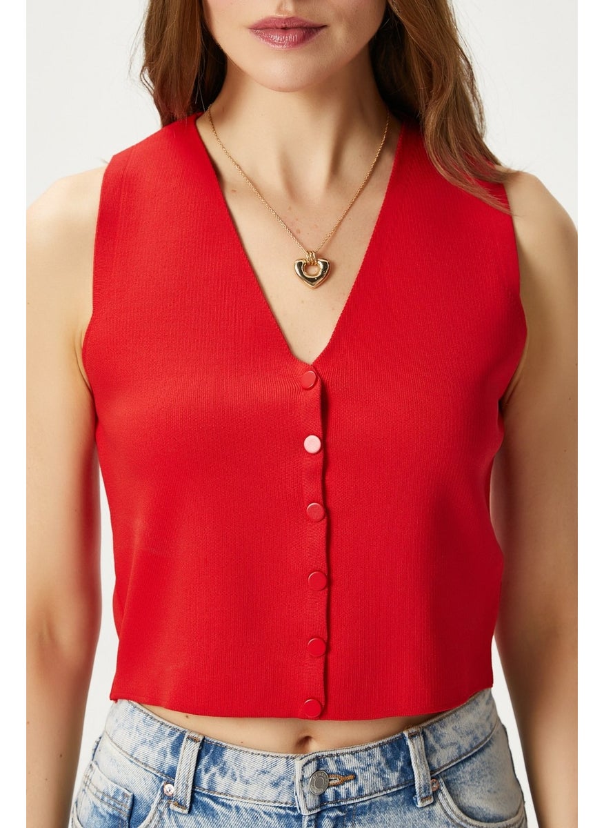 Ritnice - Women's Petite Snap Crop Red Knit Vest - Image 1