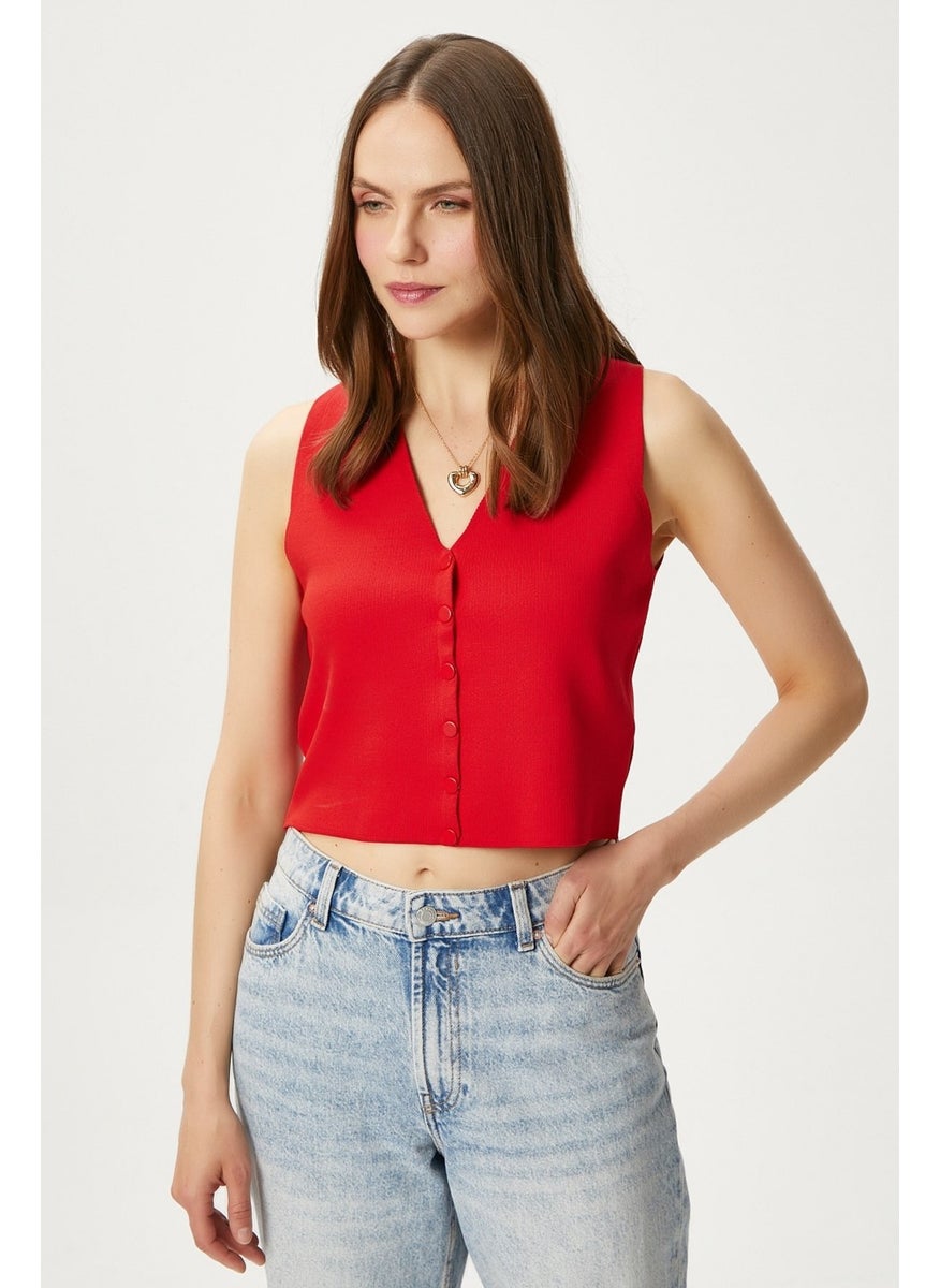 Ritnice - Women's Petite Snap Crop Red Knit Vest - Image 1