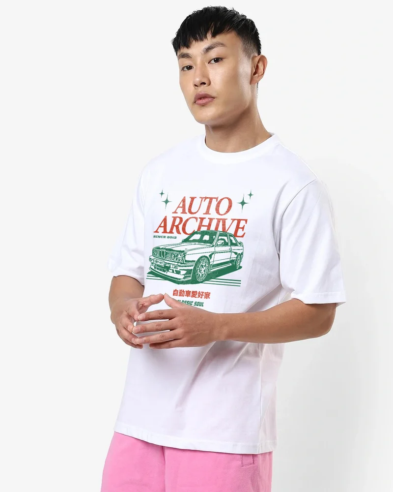 بيواكوف Men's White Auto Archive Graphic Printed Oversized T-shirt