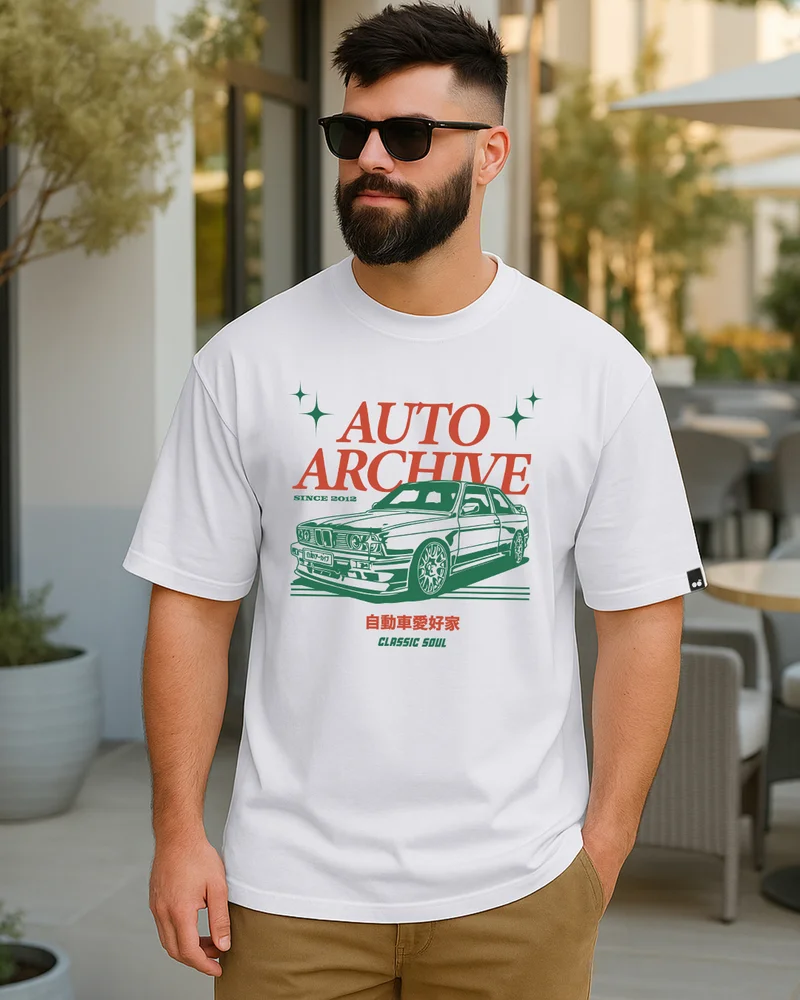 بيواكوف Men's White Auto Archive Graphic Printed Oversized T-shirt