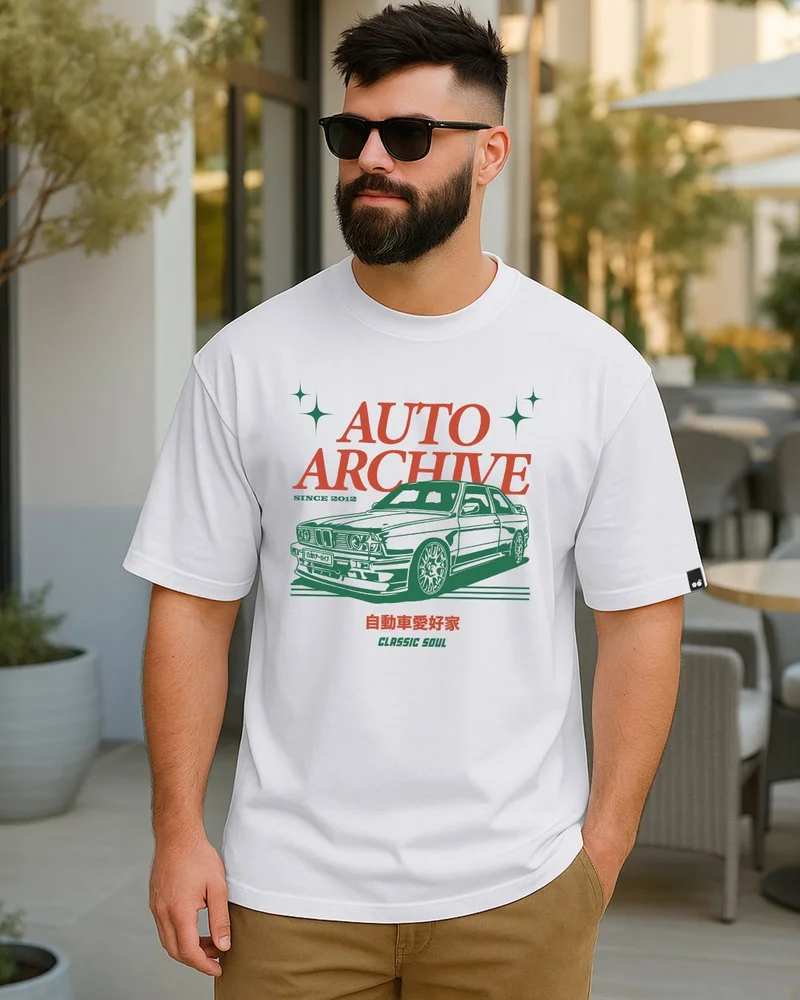 bewakoof Men's White Auto Archive Graphic Printed Oversized T-shirt