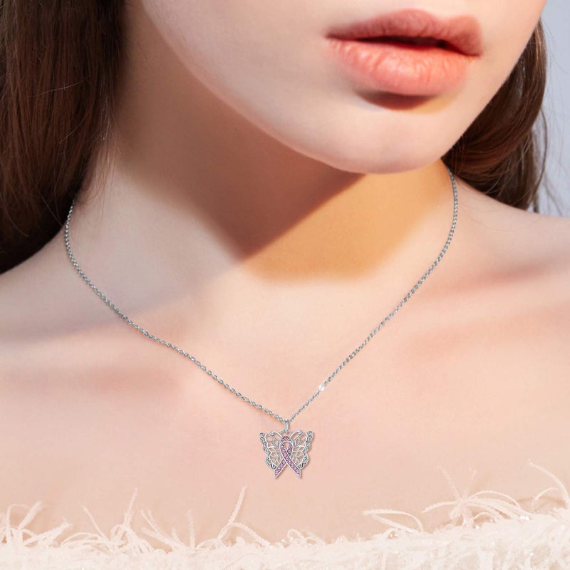 AOBOCO 925 Sterling Silver Breast Cancer Awareness Butterfly Pink Ribbon Pendant Necklace with Austrian Crystals, Breast Cancer Survivor Gifts for Women - Image 5