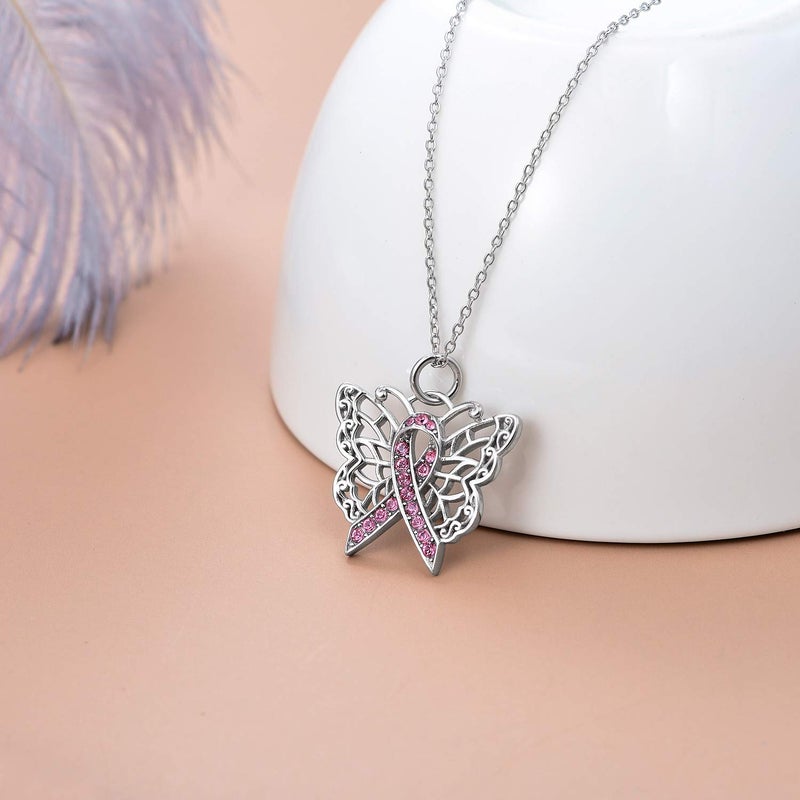 AOBOCO 925 Sterling Silver Breast Cancer Awareness Butterfly Pink Ribbon Pendant Necklace with Austrian Crystals, Breast Cancer Survivor Gifts for Women - Image 2