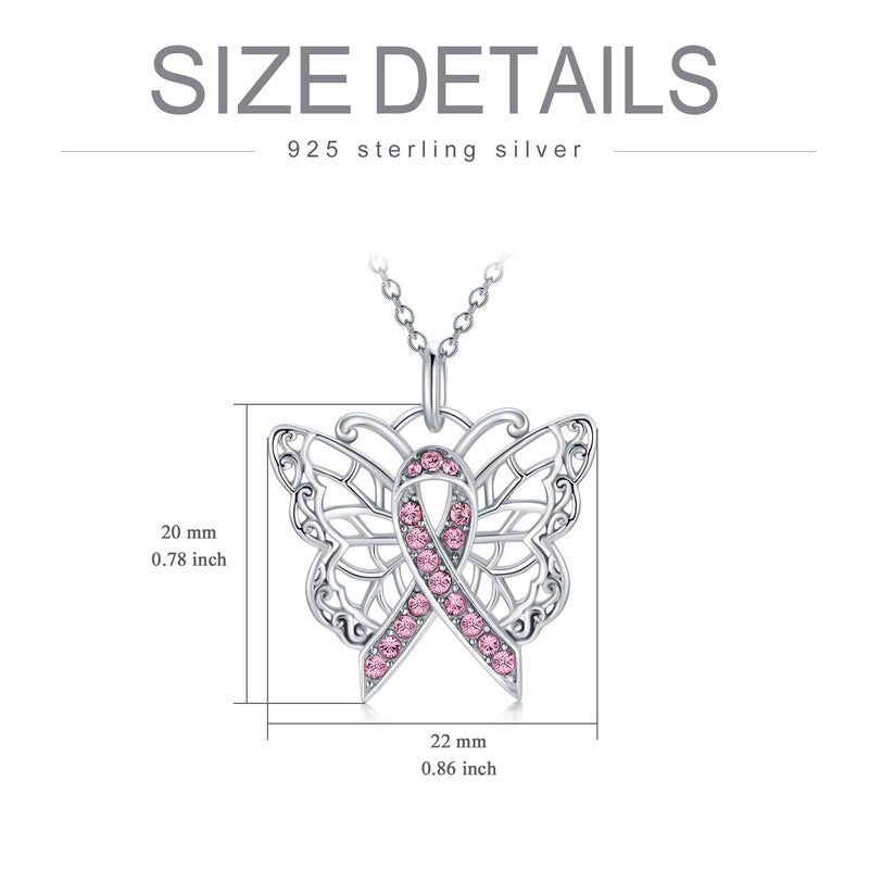 AOBOCO 925 Sterling Silver Breast Cancer Awareness Butterfly Pink Ribbon Pendant Necklace with Austrian Crystals, Breast Cancer Survivor Gifts for Women - Image 4