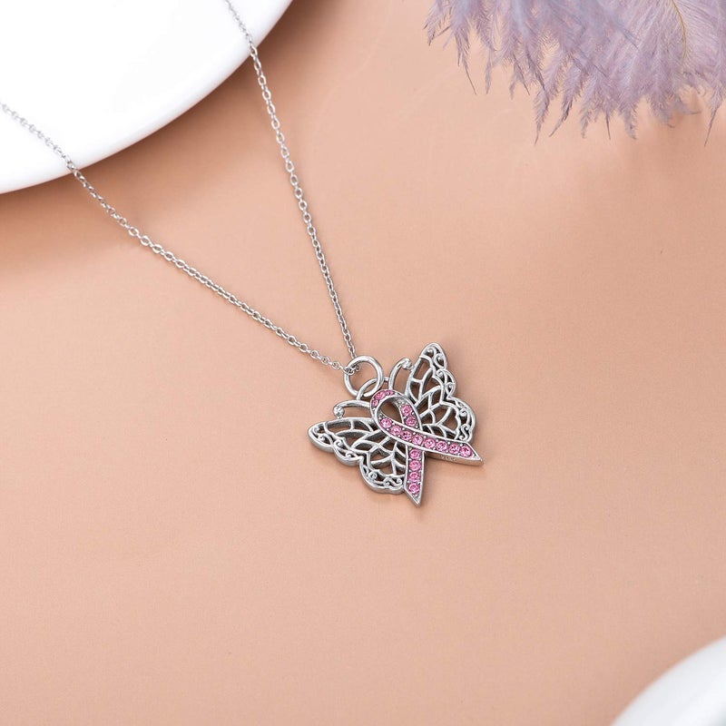 AOBOCO 925 Sterling Silver Breast Cancer Awareness Butterfly Pink Ribbon Pendant Necklace with Austrian Crystals, Breast Cancer Survivor Gifts for Women - Image 3
