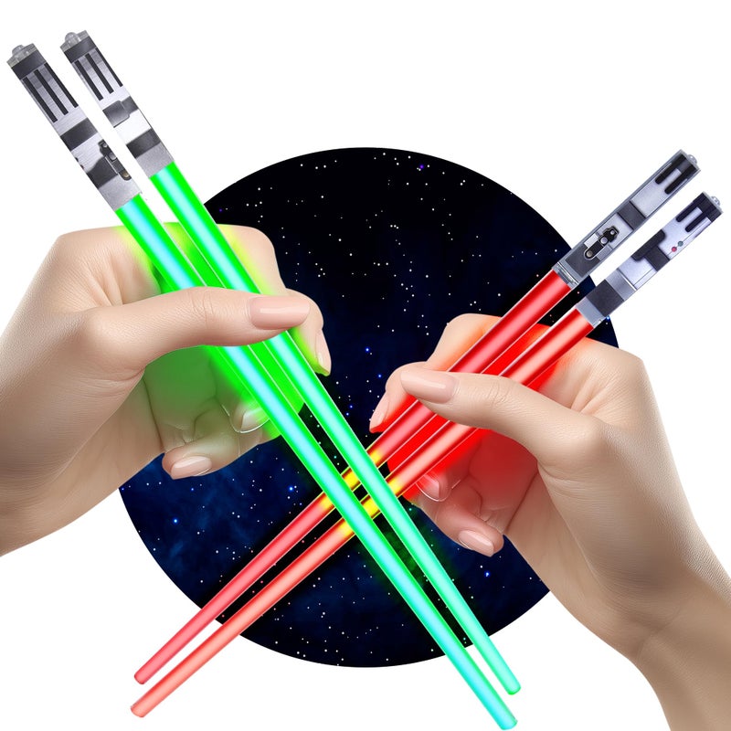ChopSabers Lightsaber Chopsticks Light Up - LED Glowing Light Saber Star Wars Chop Sticks - Reusable Sushi Lightup Sabers Chopstick Set Of 2 Green and Red Pairs - Image 1