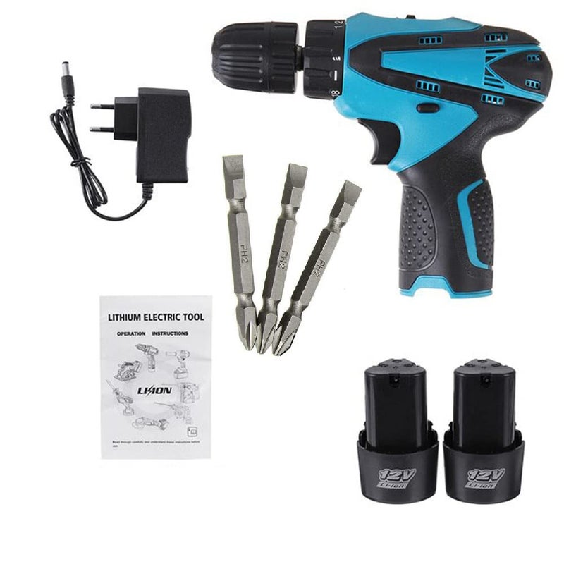 MLD MLD MultiFunction Drill Plastic Cordless Drill Screw Driver 10mm with Batteries Two Speed Control LED Light Guided Keyless Chuck Reverse Forward Motion 12V LithiumIon 12Ah  - Image 1