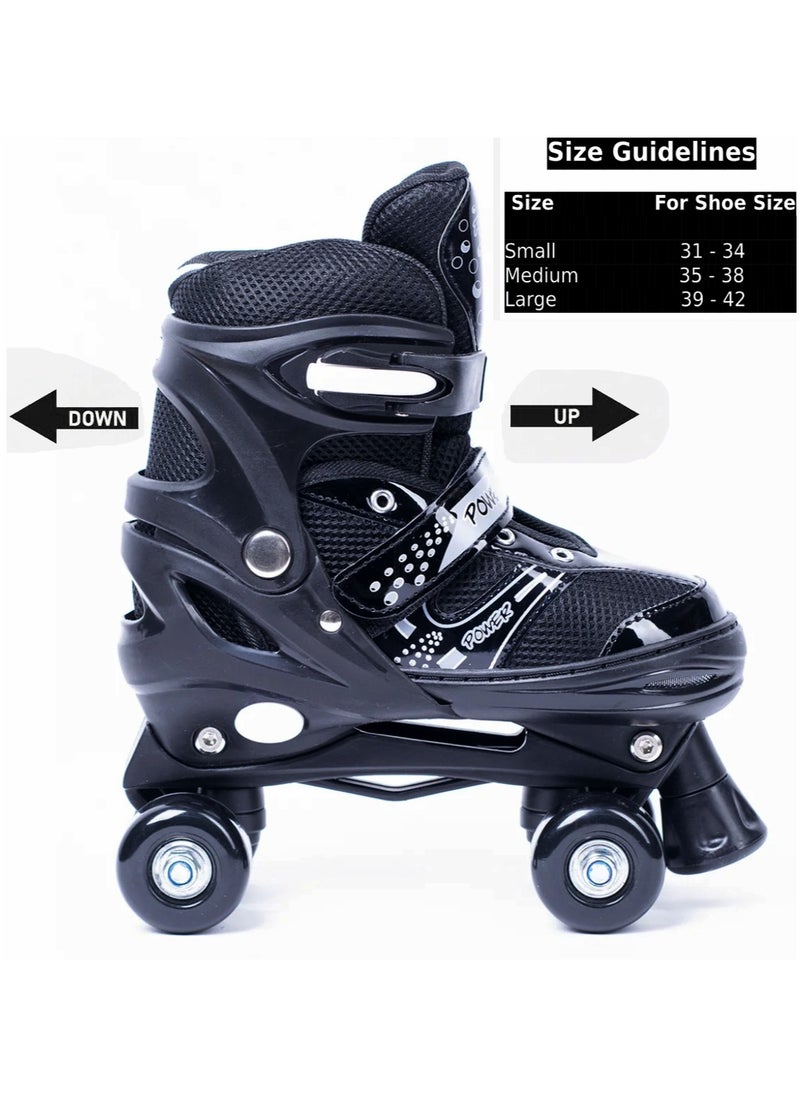 POWER - Adjustable Roller Skate Shoes 2-Rows 4-Wheels Size Large 39-42, Black - Image 1