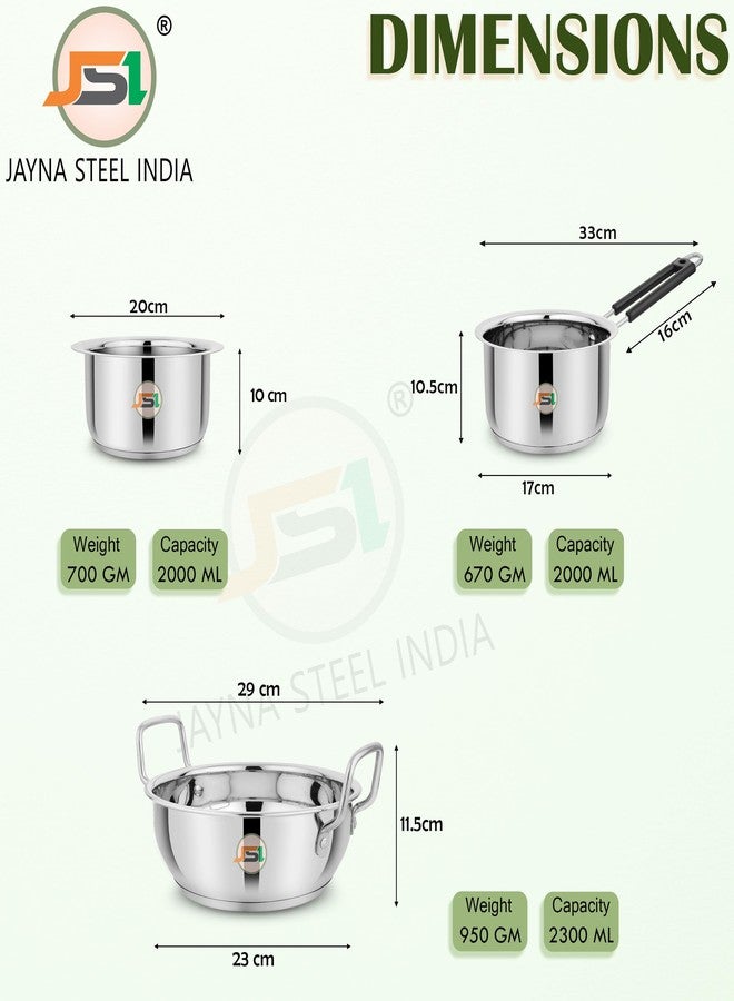JSI Stainless Steel Cookware Set for Induction Base - Pack of 3 Pcs, Tope 2000ml, Saucepan 2000ml, Kadhai 2300ml - Triply Sandwich Base Cooking Pot Pan Set for Kitchen - Highly Durable & Food Safe - Image 3