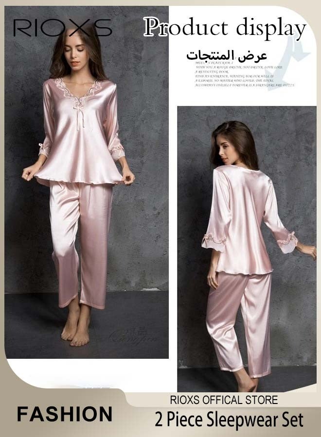 RIOXS Women's Silk Pajamas Set 2 Piece Sleepwear Sets Long Sleeve Top And Pants Lingerie Loungewear Sets - Image 2