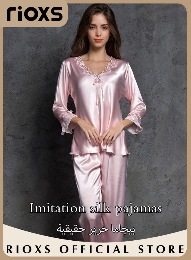 RIOXS Women's Silk Pajamas Set 2 Piece Sleepwear Sets Long Sleeve Top And Pants Lingerie Loungewear Sets - Image 1