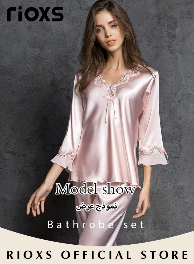 RIOXS Women's Silk Pajamas Set 2 Piece Sleepwear Sets Long Sleeve Top And Pants Lingerie Loungewear Sets - Image 3